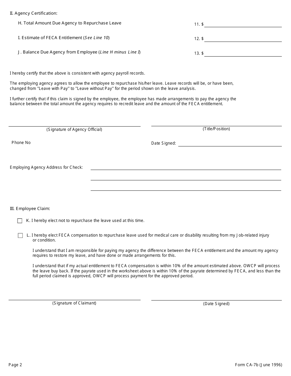Form CA-7B Leave Buy Back (Lbb) Worksheet / Certification and Election, Page 2