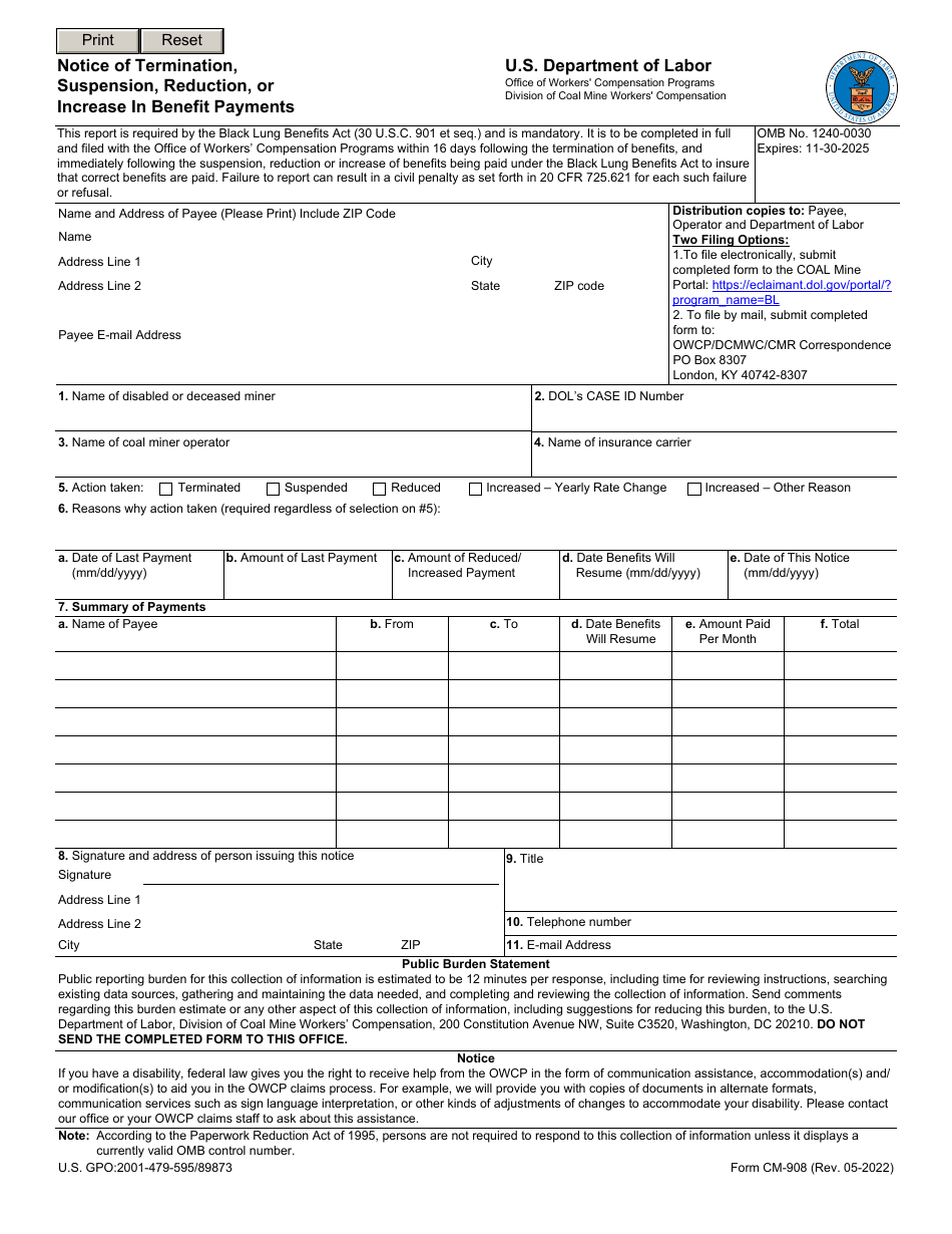 Form CM908 Download Fillable PDF or Fill Online Notice of Termination, Suspension, Reduction