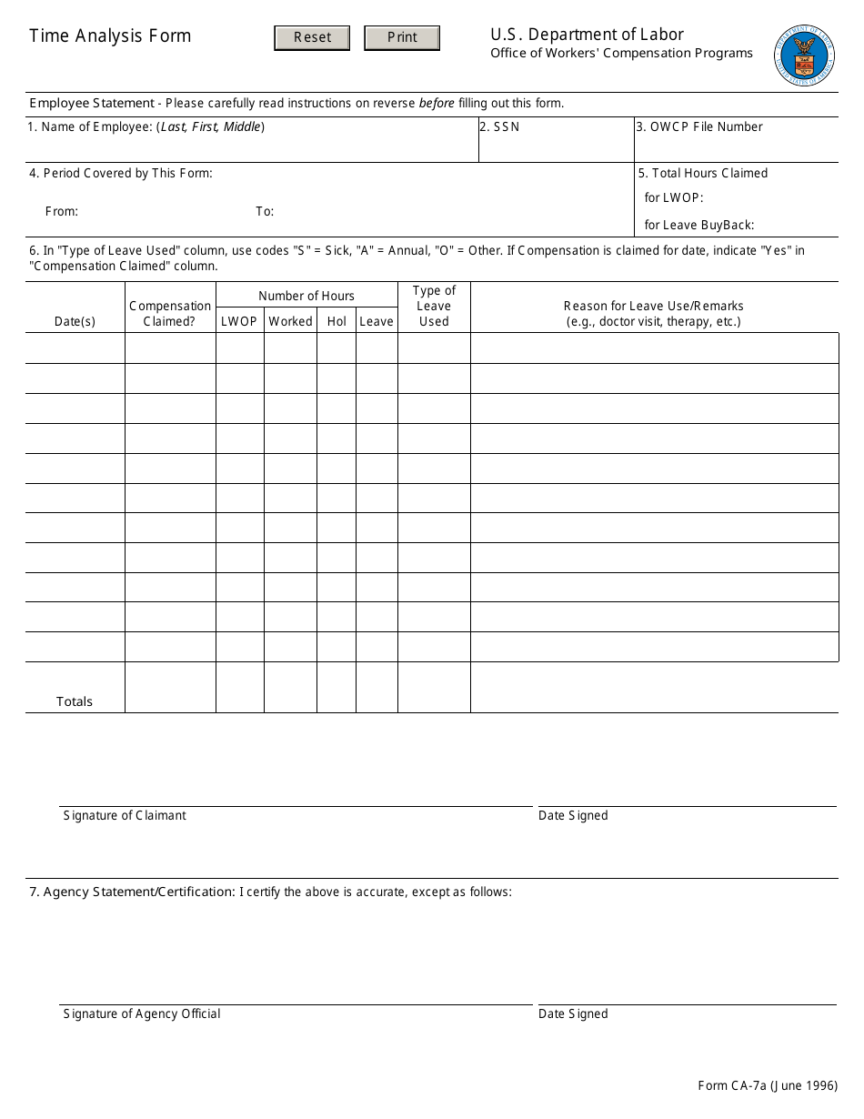 Form CA-7A Time Analysis Form, Page 1