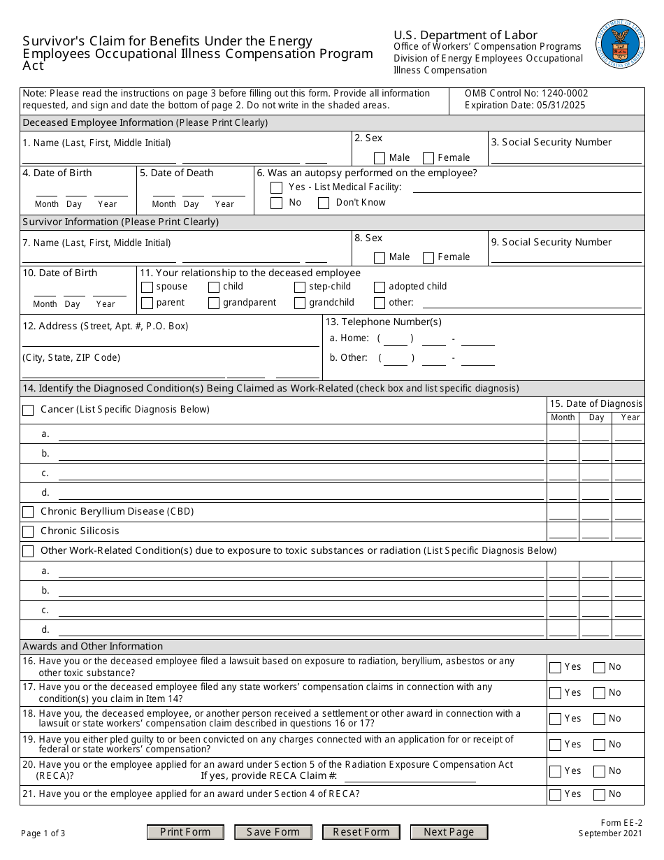 Form EE-2 Survivors Claim for Benefits Under the Energy Employees Occupational Illness Compensation Program Act, Page 1