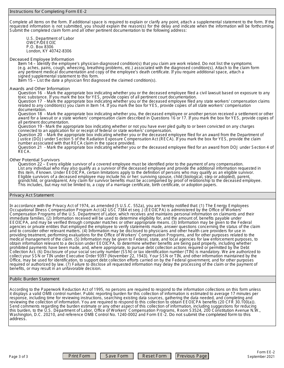 Form EE-2 Download Fillable PDF or Fill Online Survivor's Claim for ...