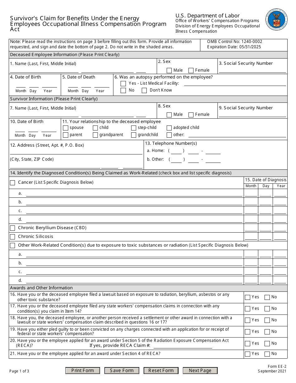 Form EE2 Download Fillable PDF or Fill Online Survivor's Claim for