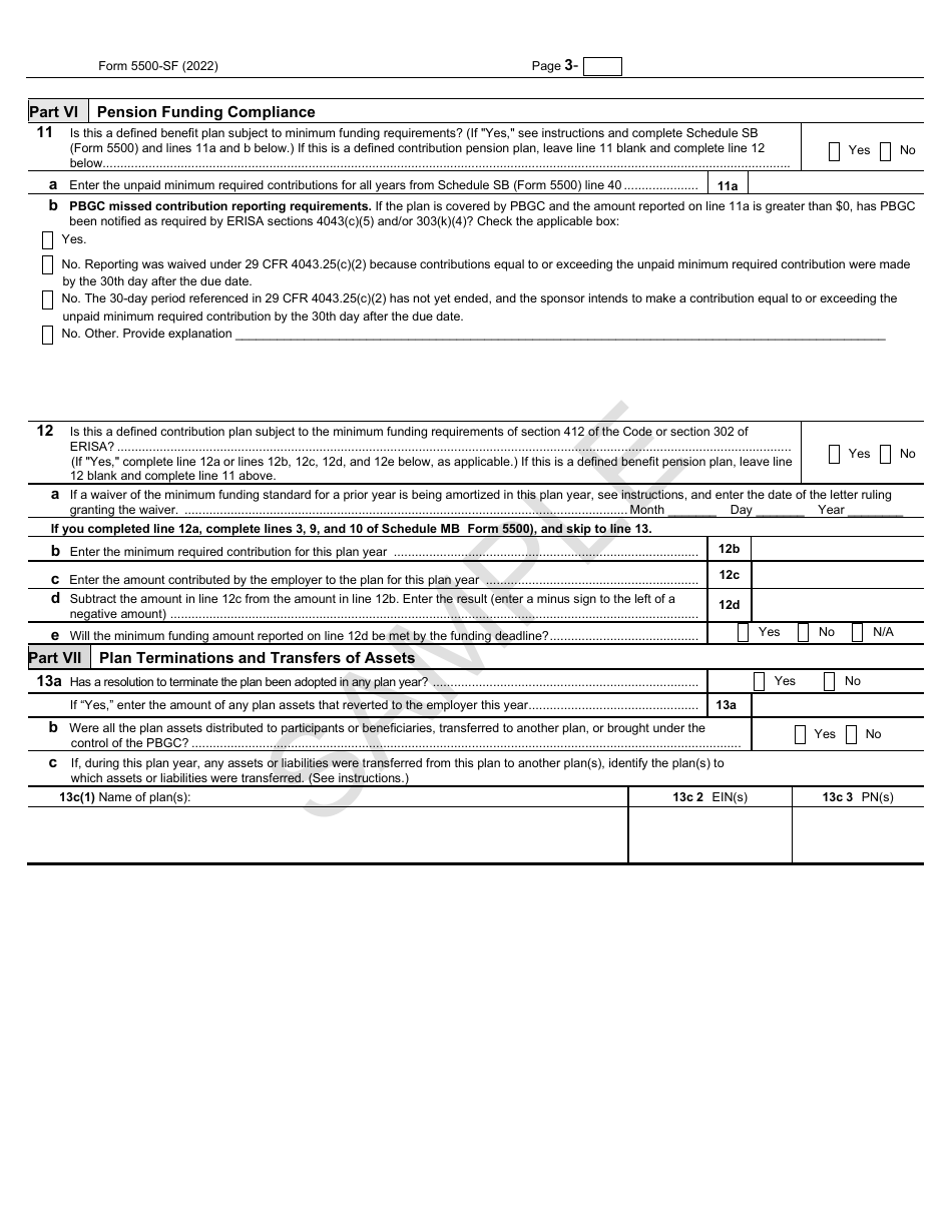 Form 5500-SF Short Form Annual Return / Report of Small Employee Benefit Plan - Sample, Page 3