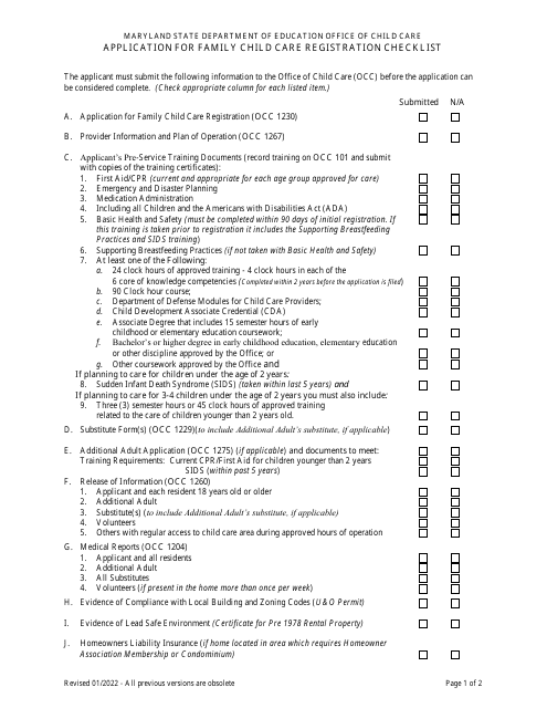 Application for Family Child Care Registration Checklist - Maryland