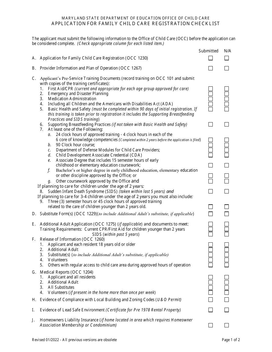 Application for Family Child Care Registration Checklist - Maryland, Page 1