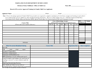 Document preview: Form OCC101 Record of Pre-service Approved Training for Family Child Care Applicants - Maryland