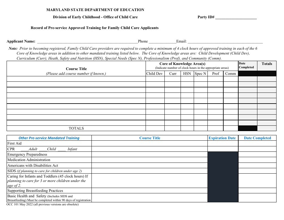 Form OCC101 Record of Pre-service Approved Training for Family Child Care Applicants - Maryland, Page 1