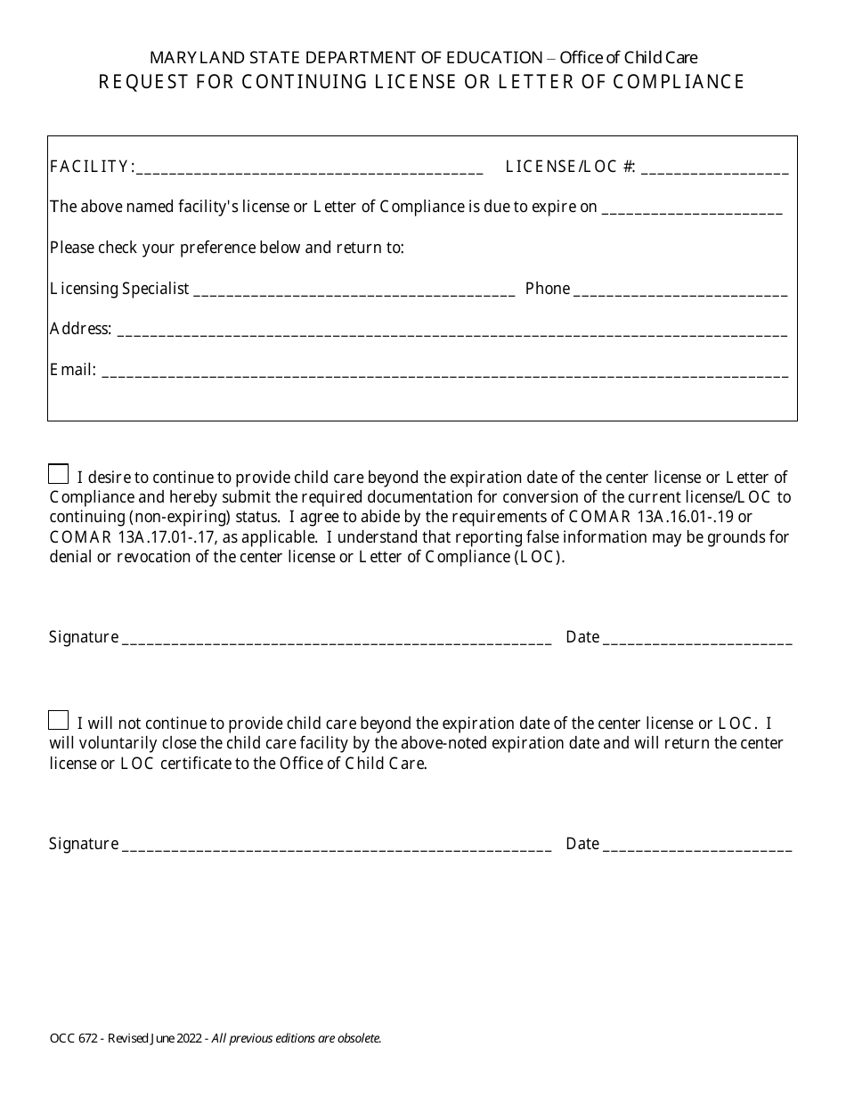 Form OCC672 Request for Continuing License or Letter of Compliance - Maryland, Page 1