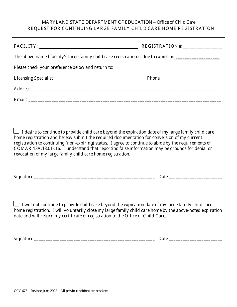 Form OCC675 Download Printable PDF or Fill Online Request for