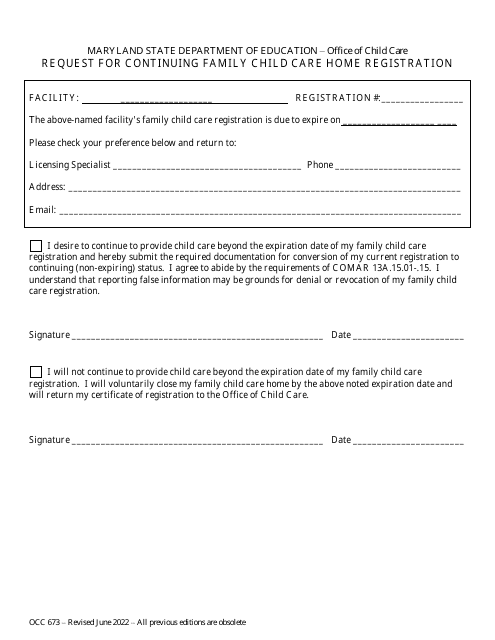 Form OCC673 Request for Continuing Family Child Care Home Registration - Maryland