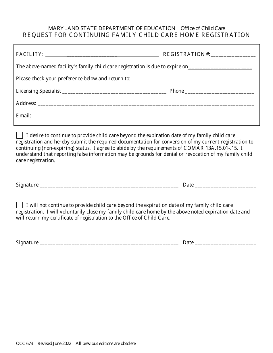 Form OCC673 Request for Continuing Family Child Care Home Registration - Maryland, Page 1