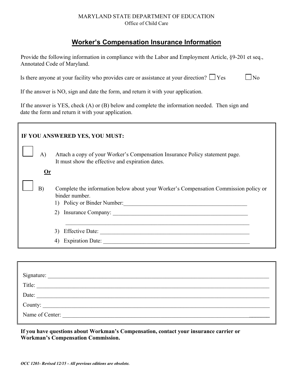 Form OCC1201 Workers Compensation Insurance Information - Maryland, Page 1