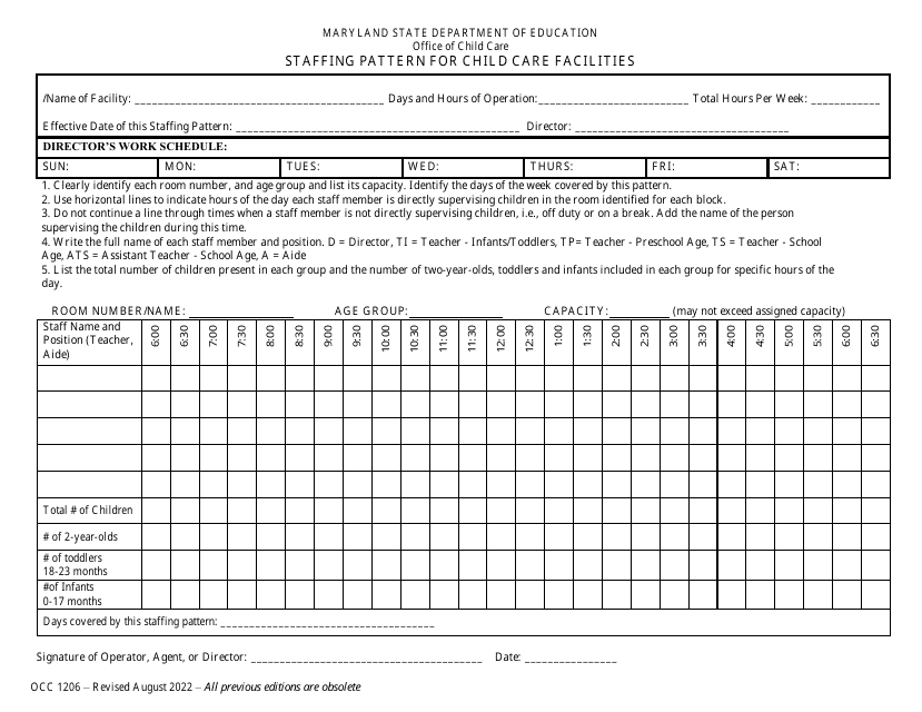 Form OCC1206 Staffing Pattern for Child Care Facilities - Maryland