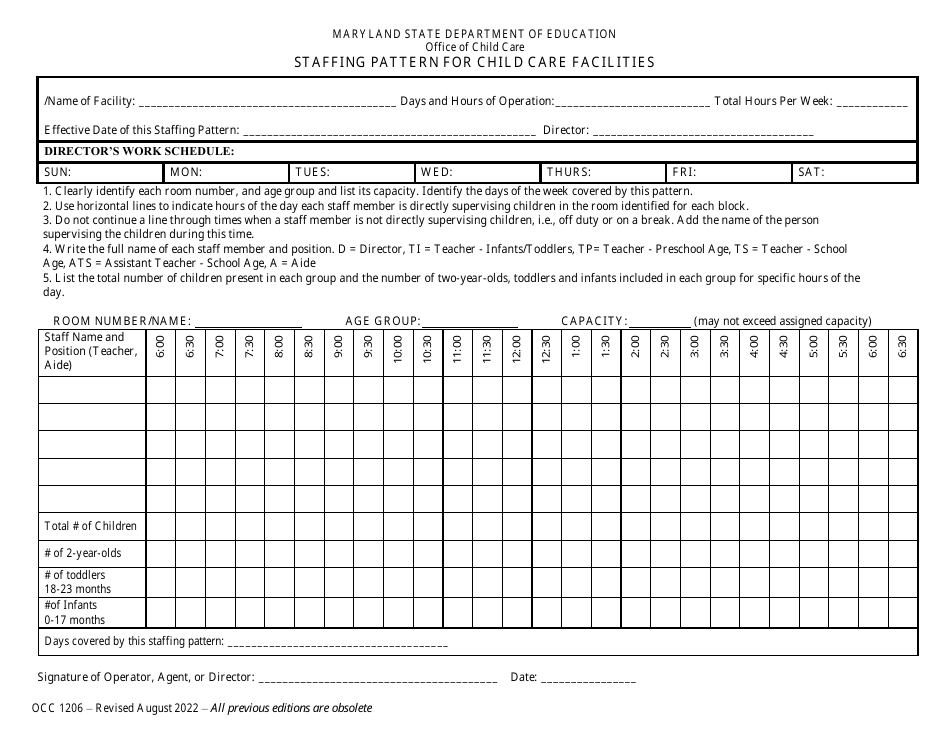 Form OCC1206 Staffing Pattern for Child Care Facilities - Maryland, Page 1