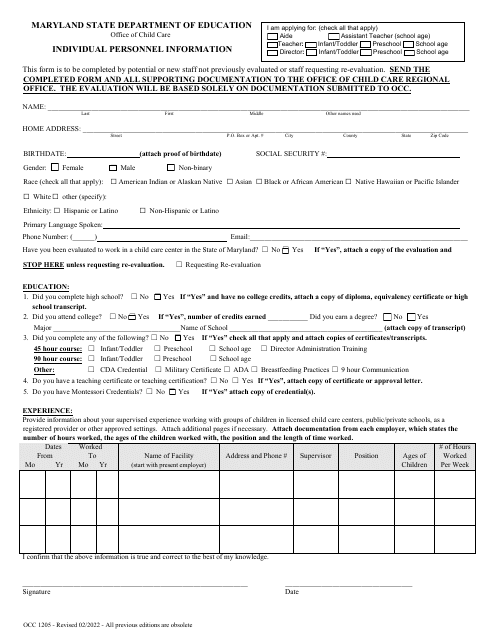 Form OCC1205 Individual Personnel Information - Maryland