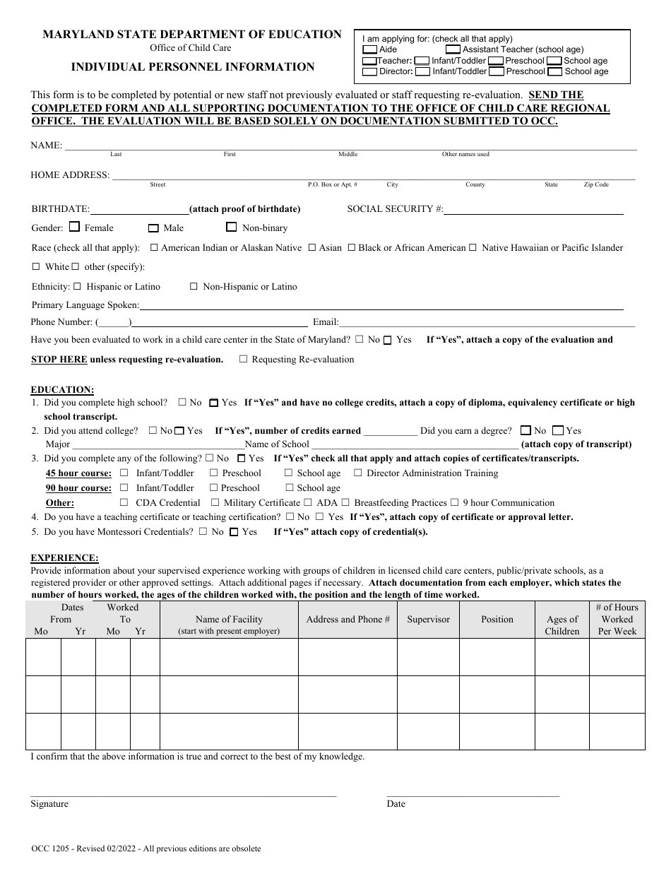 Form OCC1205 Individual Personnel Information - Maryland, Page 1