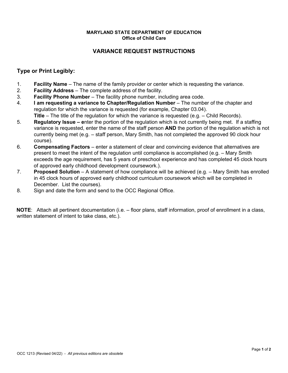 Form OCC1213 Variance Request - Maryland, Page 1