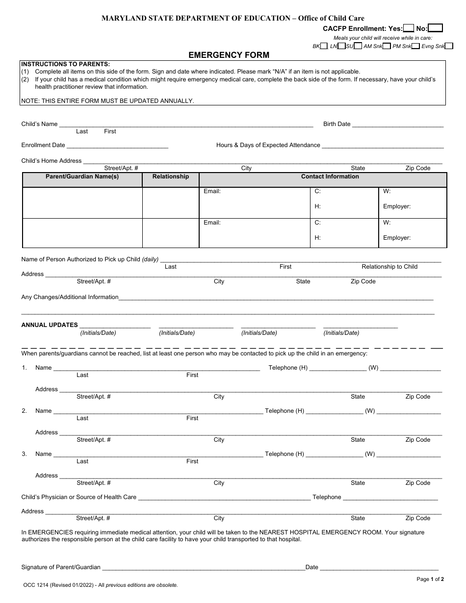 Form OCC1214 Emergency Form - Maryland, Page 1
