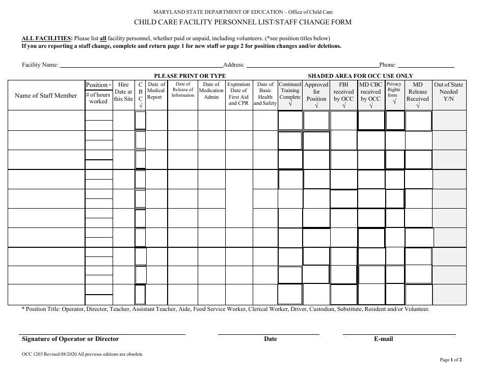 Form OCC1203 Child Care Facility Personnel List / Staff Change Form - Maryland, Page 1