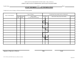 Form OCC1203 Child Care Facility Personnel List/Staff Change Form - Maryland, Page 2