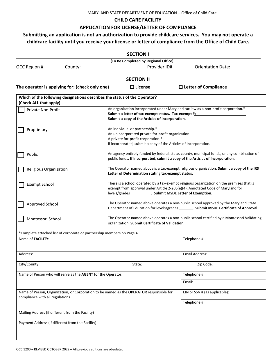 Form OCC1200 Child Care Facility - Application for License / Letter of Compliance - Maryland, Page 1