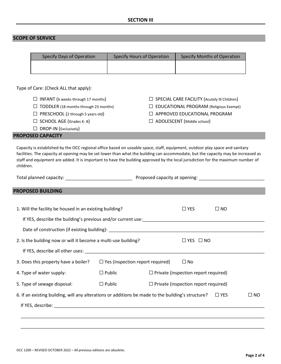 Form OCC1200 Child Care Facility - Application for License / Letter of Compliance - Maryland, Page 2