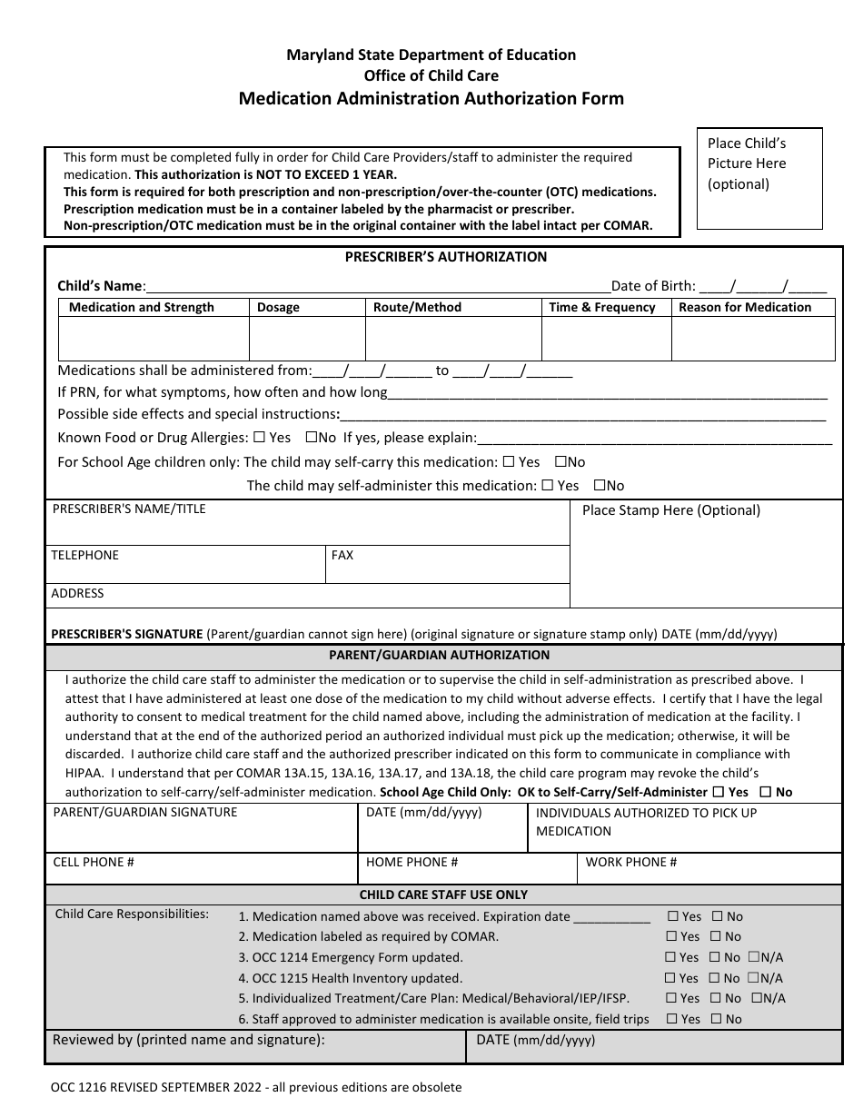 Form OCC1216 Medication Administration Authorization Form - Maryland, Page 1