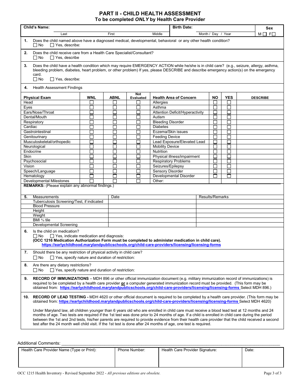 Form OCC1215 Health Inventory - Maryland, Page 3