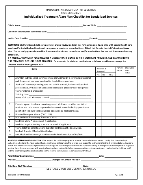 Form OCC1216D Individualized Treatment/Care Plan Checklist for Specialized Services - Maryland