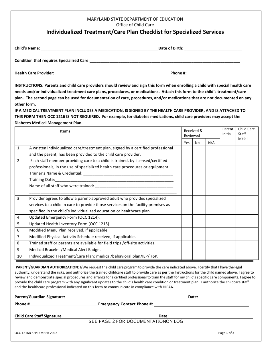 Form OCC1216D Individualized Treatment / Care Plan Checklist for Specialized Services - Maryland, Page 1
