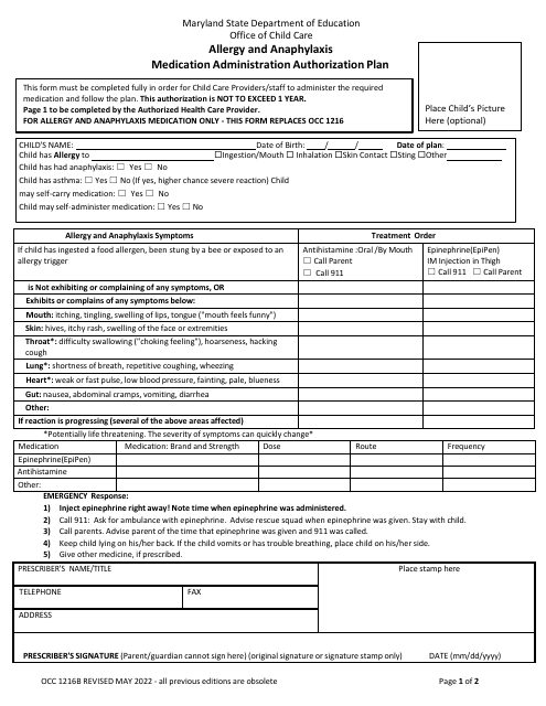 Form OCC1216B Allergy and Anaphylaxis Medication Administration Authorization Plan - Maryland