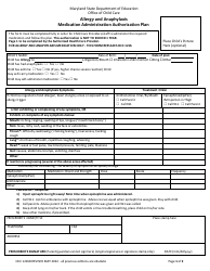 Form OCC1216B Allergy and Anaphylaxis Medication Administration Authorization Plan - Maryland