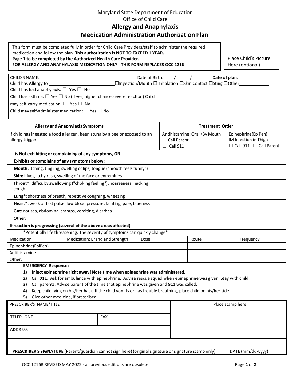 Form OCC1216B Allergy and Anaphylaxis Medication Administration Authorization Plan - Maryland, Page 1