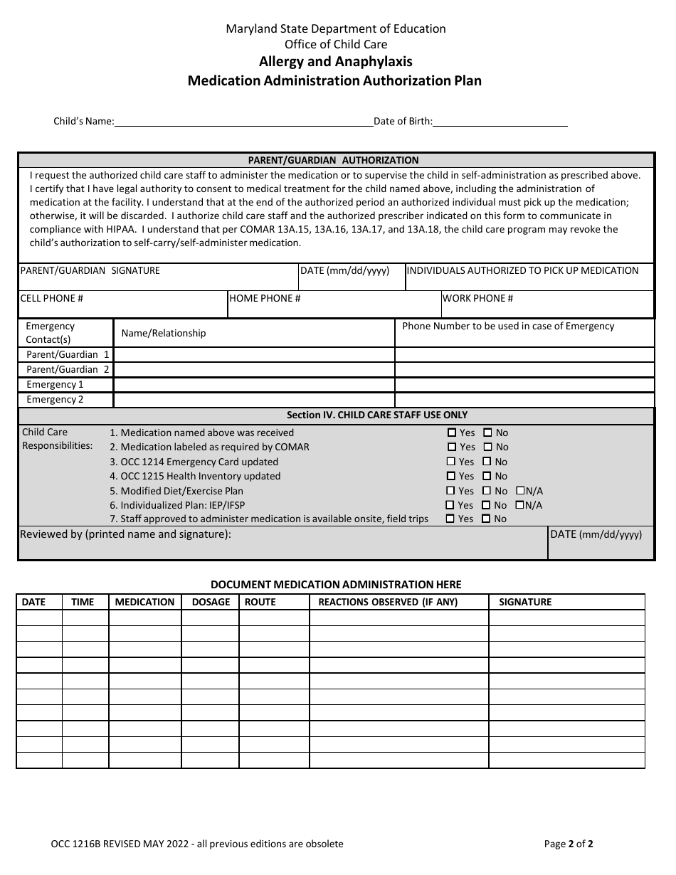 Form Occ1216b Download Fillable Pdf Or Fill Online Allergy And