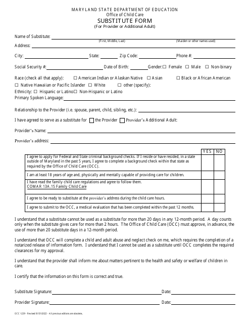 Form OCC1229 Substitute Form (For Provider or Additional Adult) - Maryland