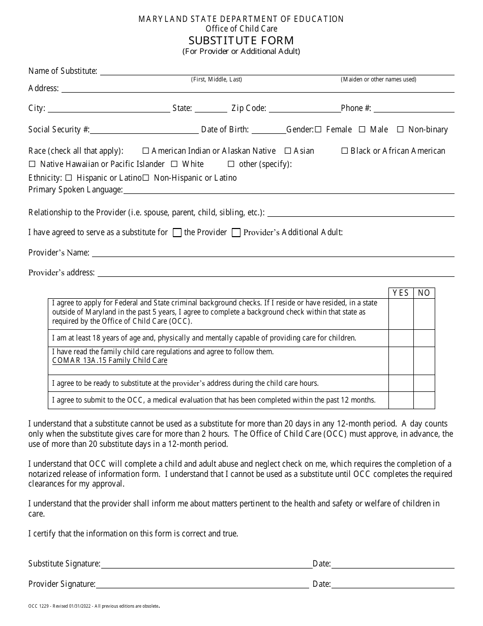 Form OCC1229 Substitute Form (For Provider or Additional Adult) - Maryland, Page 1