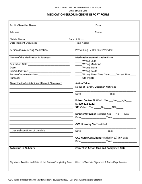 Form OCC1216F Medication Error Incident Report Form - Maryland