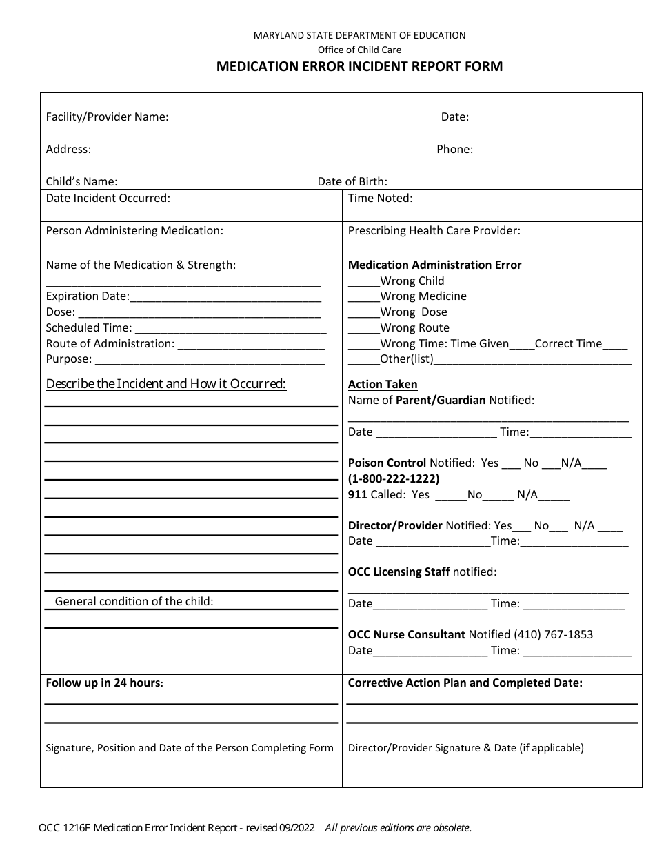 Form OCC1216F Medication Error Incident Report Form - Maryland, Page 1