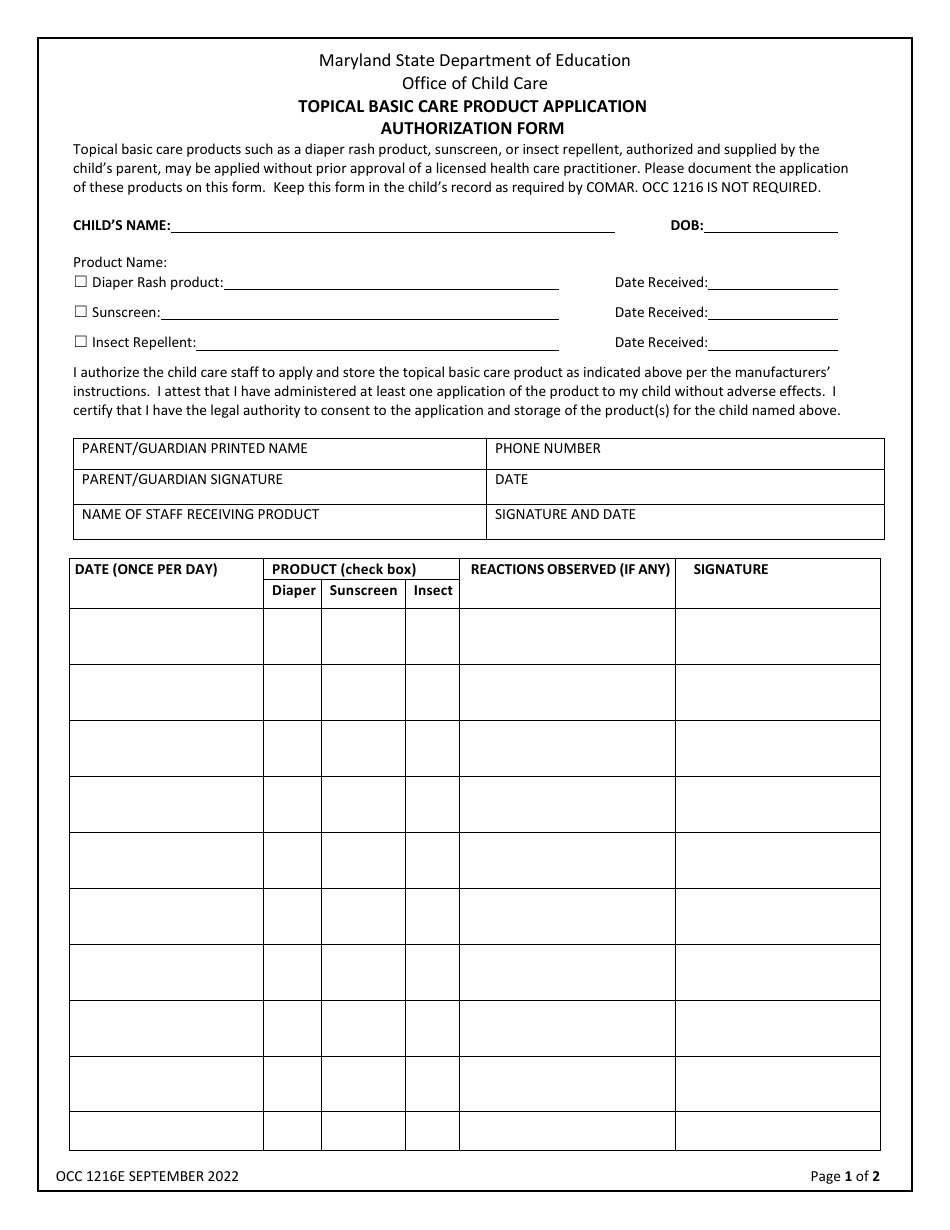 Form OCC1216E Topical Basic Care Product Application Authorization Form - Maryland, Page 1