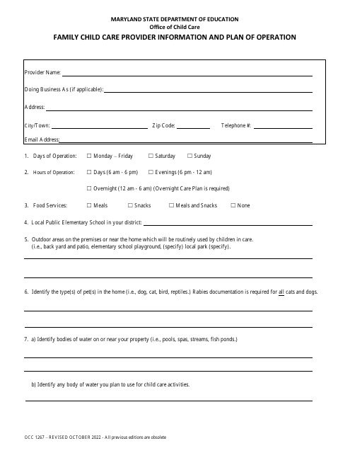 Form OCC1267 Family Child Care Provider Information and Plan of Operation - Maryland