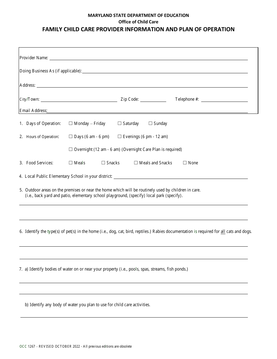 Form OCC1267 Download Fillable PDF Or Fill Online Family Child Care   Form Occ1267 Family Child Care Provider Information And Plan Of Operation Maryland Print Big 