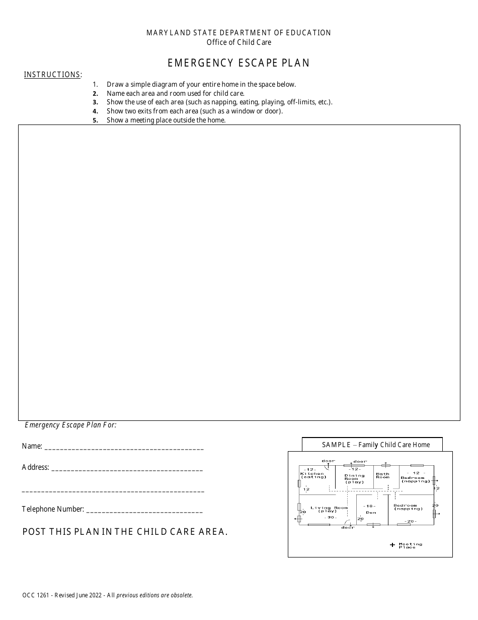Form OCC1261 Emergency Escape Plan - Maryland, Page 1