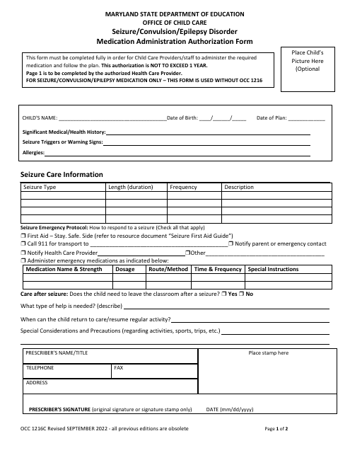 Form OCC1216C Seizure/Convulsion/Epilepsy Disorder Medication Administration Authorization Form - Maryland