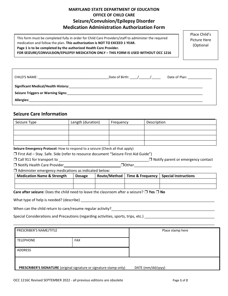 Form OCC1216C Seizure / Convulsion / Epilepsy Disorder Medication Administration Authorization Form - Maryland, Page 1