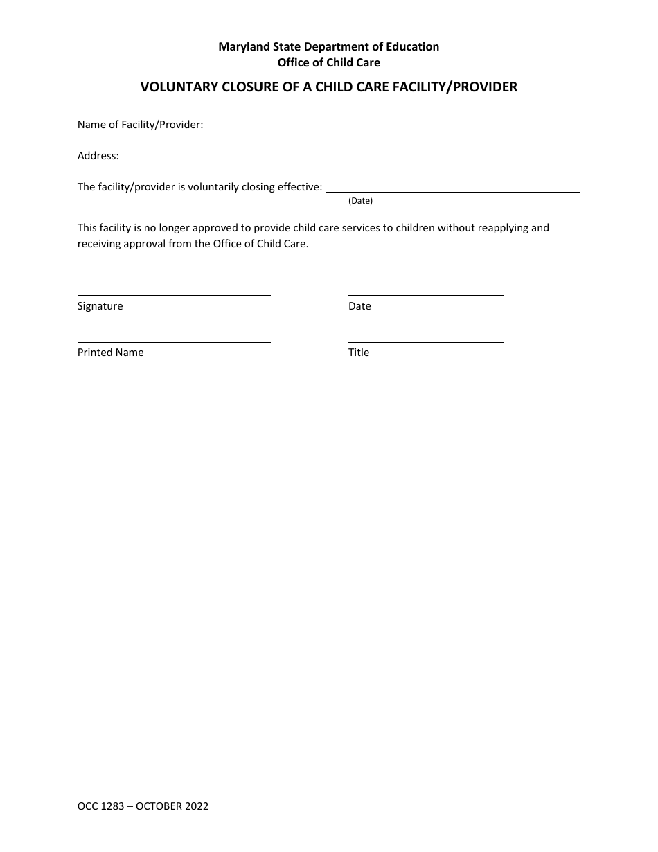 Form OCC1283 Voluntary Closure of a Child Care Facility / Provider - Maryland, Page 1
