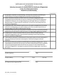 Document preview: Form OCC1282A Voluntary Surrender of a Family Child Care Certificate of Registration in Lieu of an Enforcement Action Statement of Understanding - Maryland