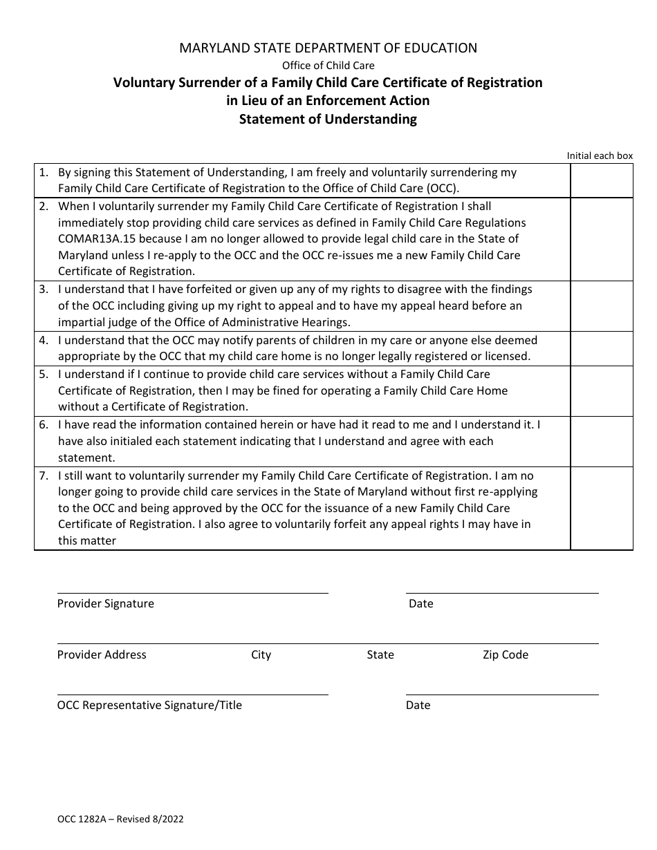 Form OCC1282A Voluntary Surrender of a Family Child Care Certificate of Registration in Lieu of an Enforcement Action Statement of Understanding - Maryland, Page 1