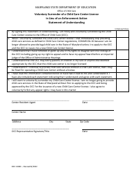 Document preview: Form OCC1282C Voluntary Surrender of a Child Care Center License in Lieu of an Enforcement Action Statement of Understanding - Maryland