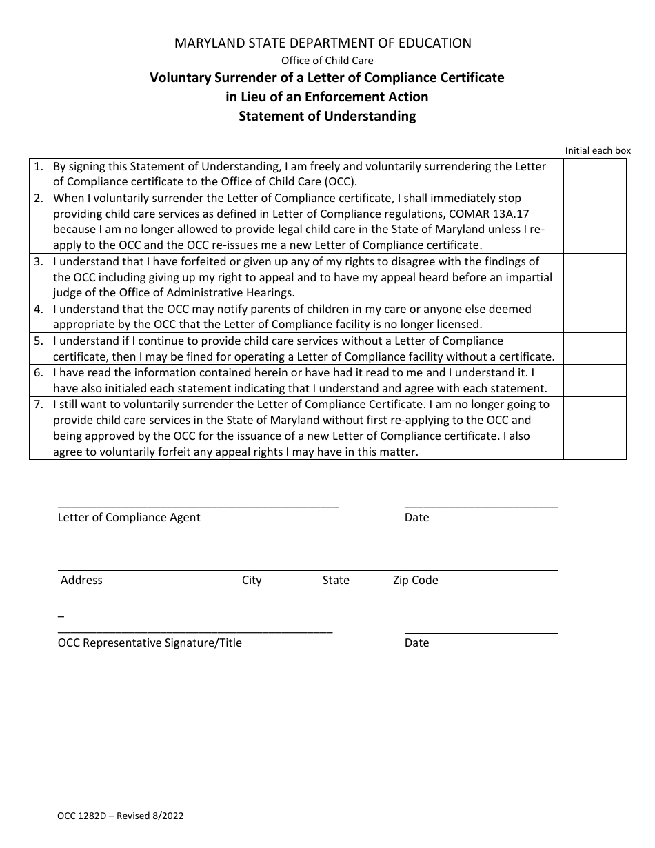 Form OCC1282D Voluntary Surrender of a Letter of Compliance Certificate in Lieu of an Enforcement Action Statement of Understanding - Maryland, Page 1