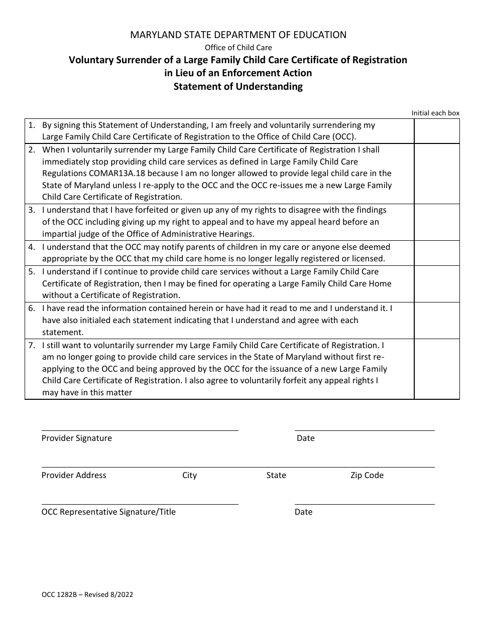 Form OCC1282B Voluntary Surrender of a Large Family Child Care Certificate of Registration in Lieu of an Enforcement Action Statement of Understanding - Maryland, Page 1